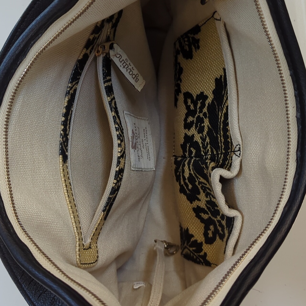 Spartina, Black and tan floral Paisley linen and leather shoulder bag. - Picture 7 of 13